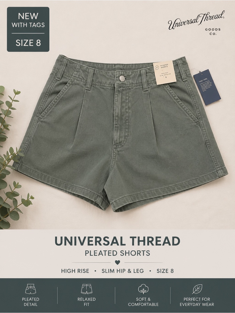 Universal Thread High Rise Pleated Shorts Size 8 NWT Olive Green